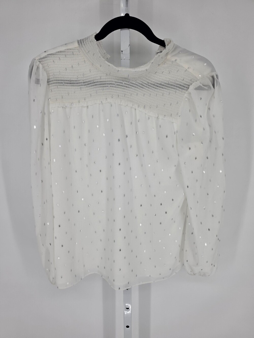 White House Black Market Womens Sz S Long Sleeve Blouse White Silver NEW